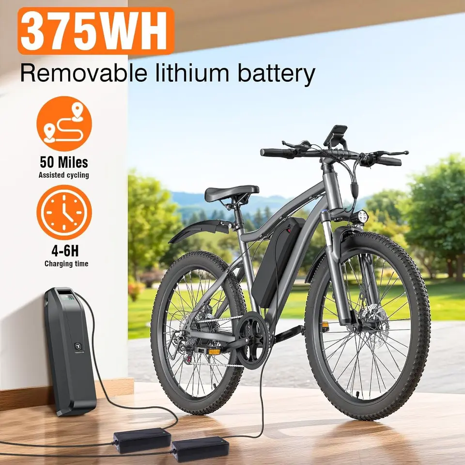 Electric Bike for Adults, 26" Commuter Ebikes with 5-Level Pedal Assist & 7 Speed Gears, 25MPH, 720W Motor, 375Wh Battery, 50 Mi - Image 4