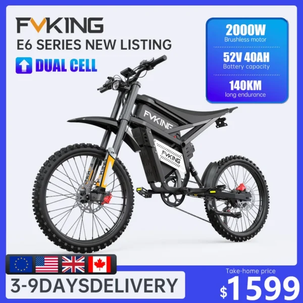 FVKING E6 adult electric bicycle 2000W peak motor, equipped with 2 52V40AH batteries, off-road electric motorcycle speed 60km/H,
