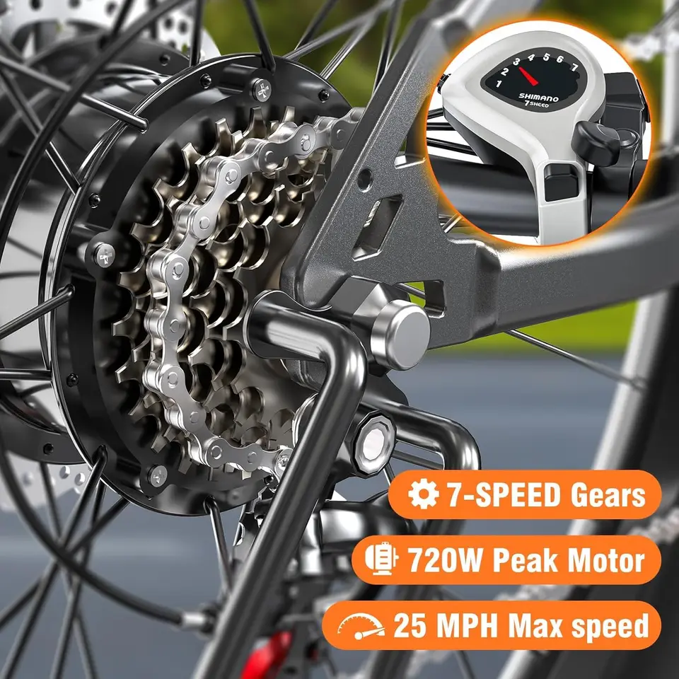 Electric Bike for Adults, 26" Commuter Ebikes with 5-Level Pedal Assist & 7 Speed Gears, 25MPH, 720W Motor, 375Wh Battery, 50 Mi - Image 3