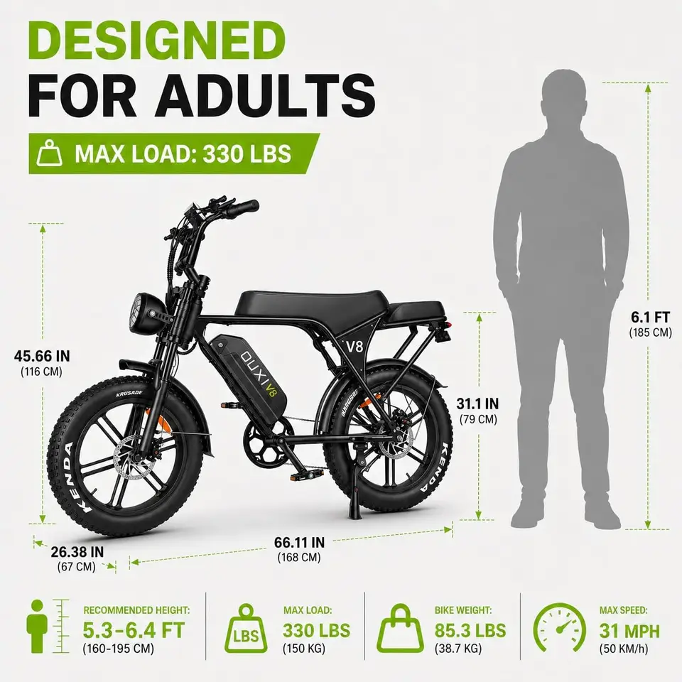 V8 Electric Bike for Adults/Teens, 16"/20" Fat Tire E Dirt Bike with 36V/48V | 10.4/15/30AH Removable Battery, 35-60 Miles - Image 4