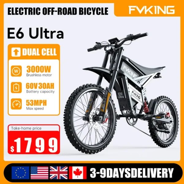 FVKING E6UItra 25 inch off-road electric bicycle 60V30AH motor rated power 3000W peak 6000W80KM/H adult electric bicycle